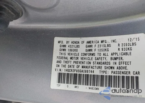 2016 Honda Accord Ex-L from USA, damaged, VIN 1HGCR2F85GA089744